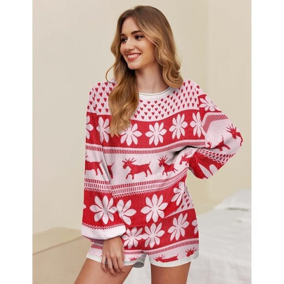 Women Red Lounge Wear Sets Long Sleeve Sweatsuit Matching 2 Piece Outfits Casual - Picture 3 of 4